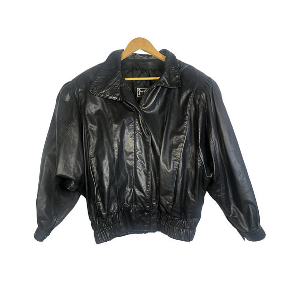 Vintage Simo di Giorgio Leather Jacket Womens Small Black Batwing Bomber 80s S/M - Picture 2 of 16
